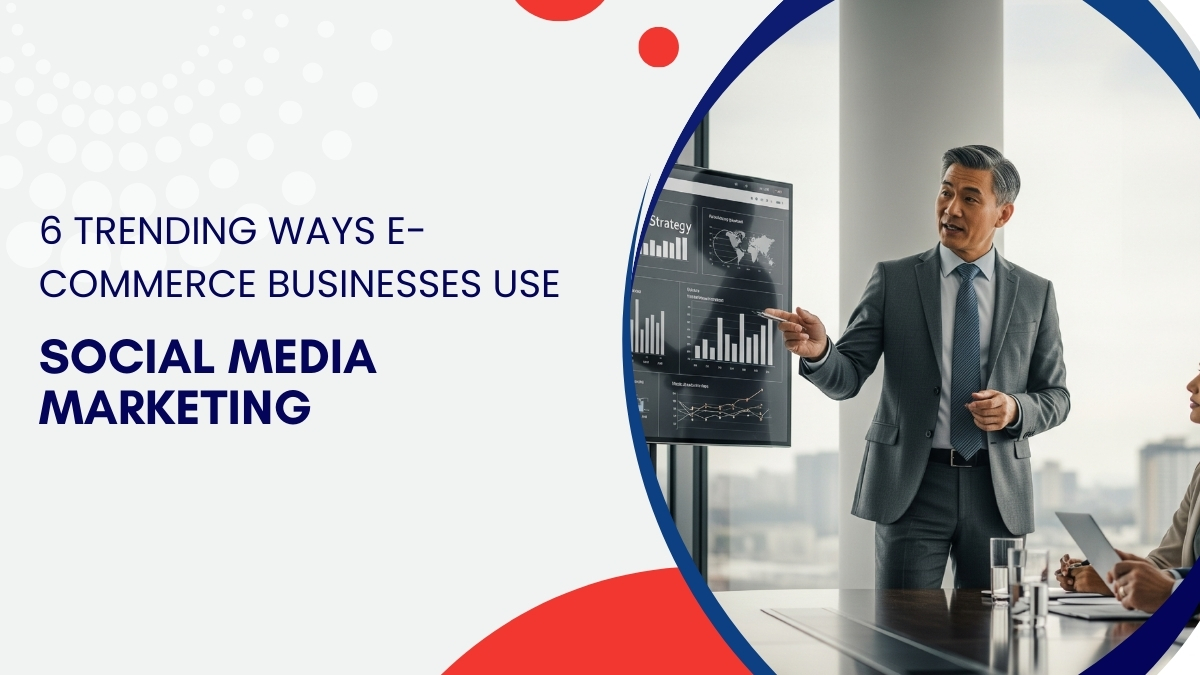 Usiness professional presenting social media marketing strategies on screen for e commerce growth.