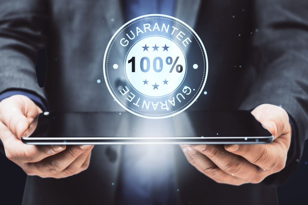 businessman presenting digital guarantee badge hologram tablet secure service concept