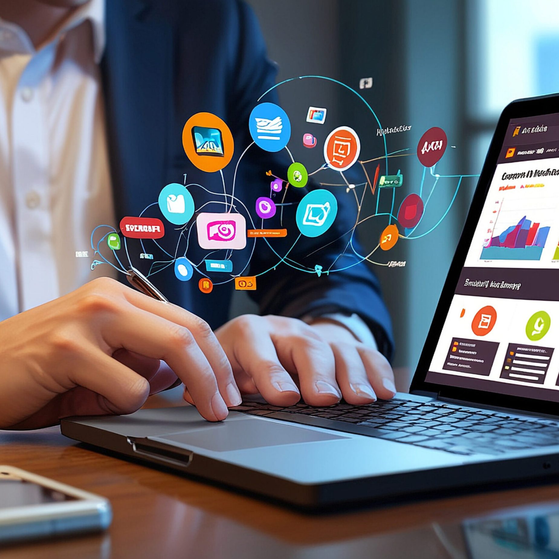 Digital marketing concept, Businessman using laptop with Ads dashboard digital marketing