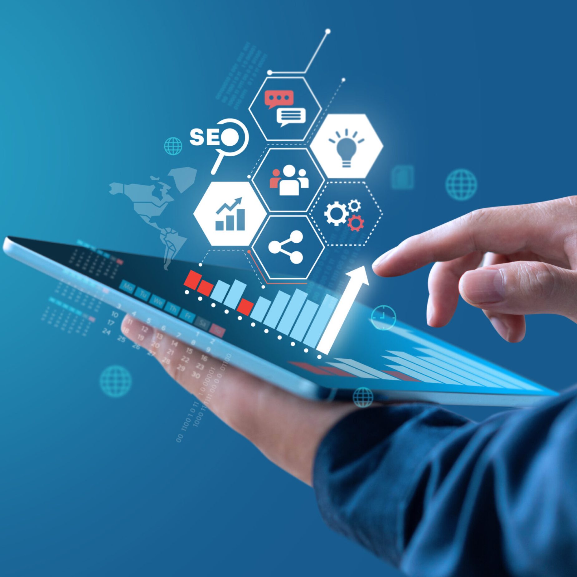 Businessman show growth graph of earning with digital marketing strategy.