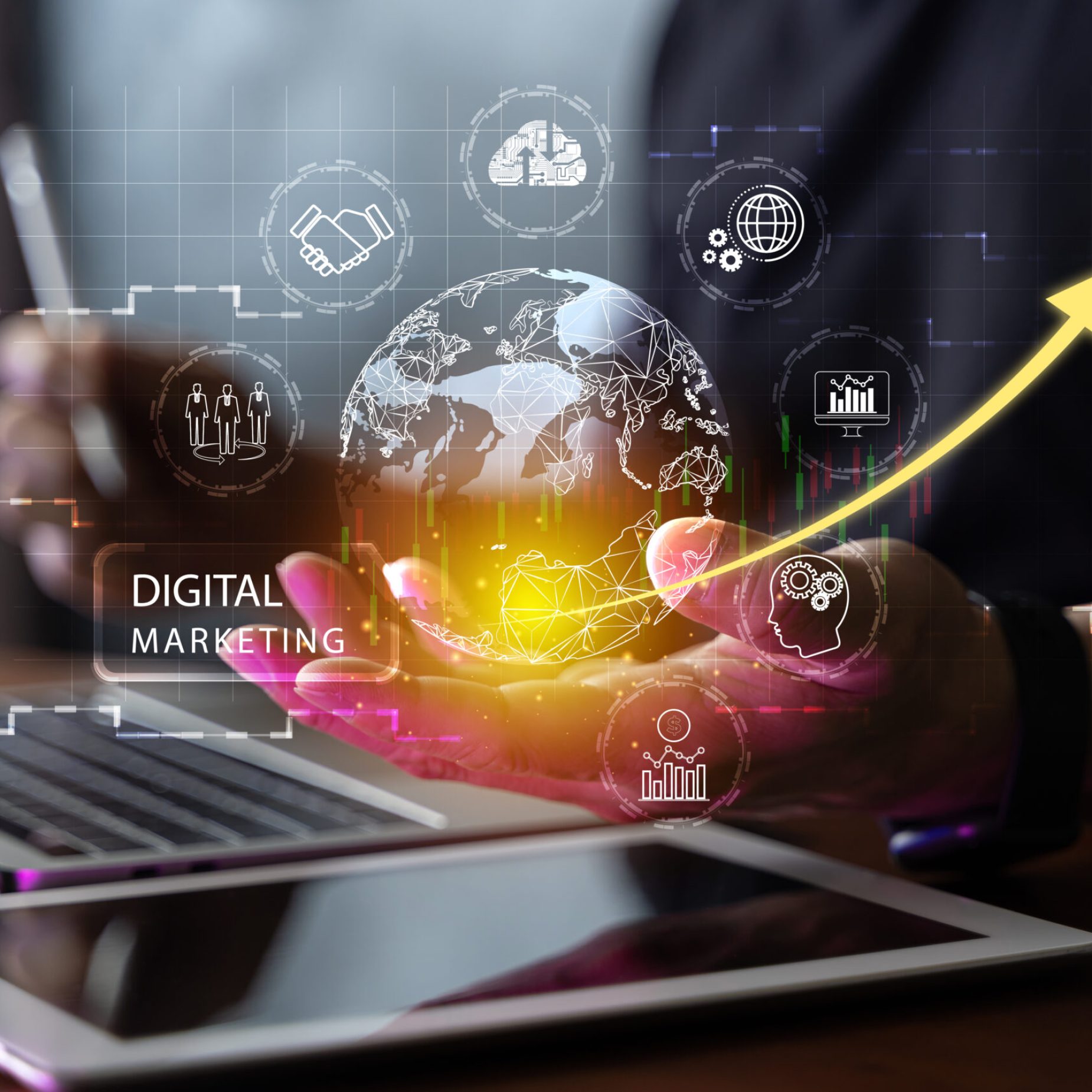 Digital online marketing. Businessman using tablet and analyzing sales data graph growth on modern interface icon on strategy. Solution analysis and content development related to network connectivity