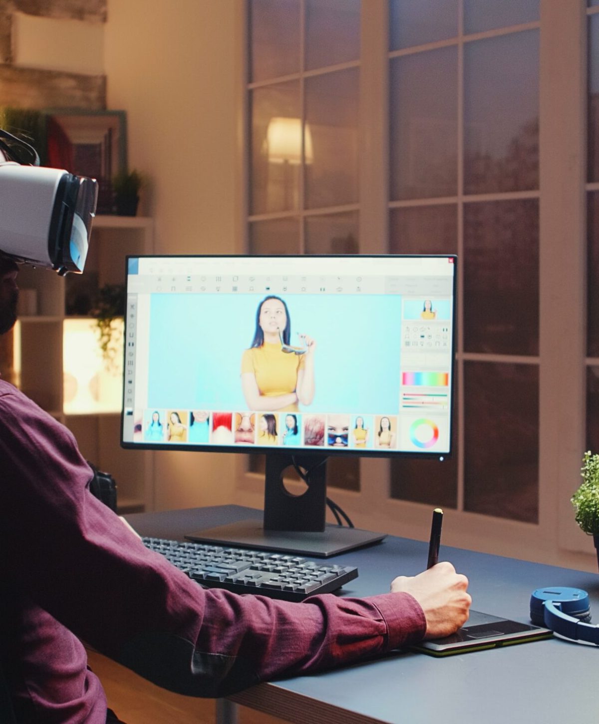 Freelancer photographer using virtual reality headset while retouching photos with graphic tablet home office night time min