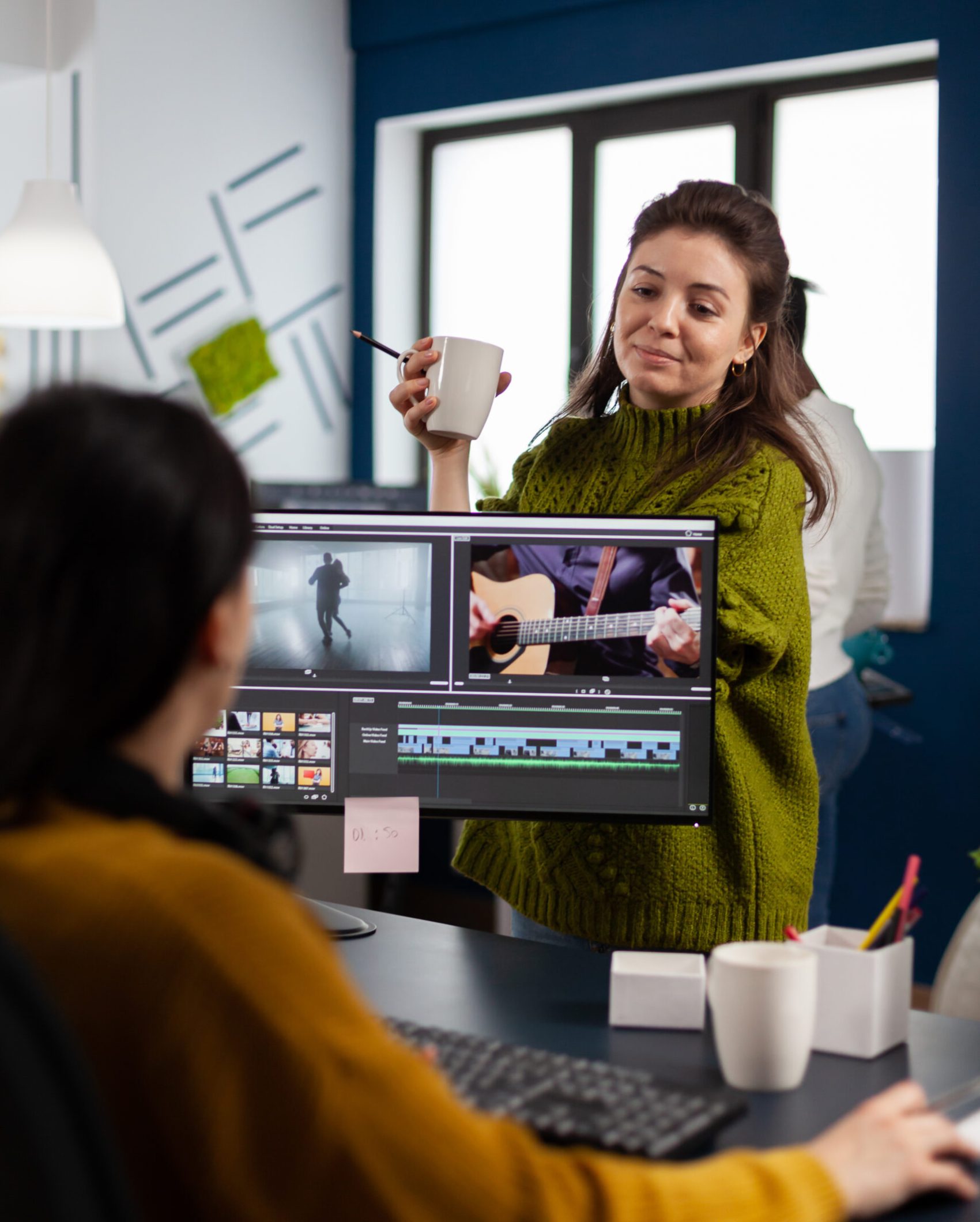 Women videographers editing video project creating content