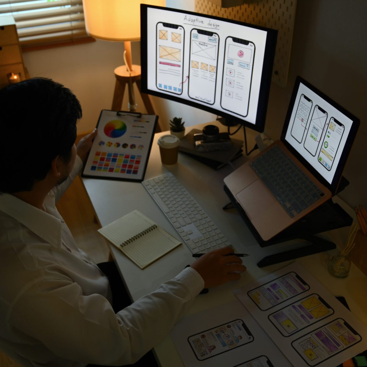 Young asian male designer working on mobile application software design project in dark room